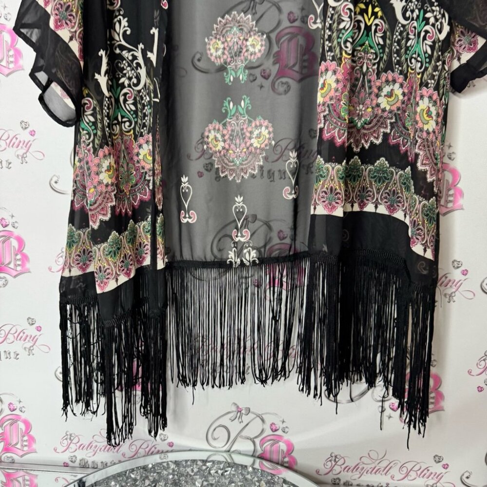 Olive tree cardigan paisley boho tassle hem flowers Black Floral Fringe Kimono - Picture 3 of 8